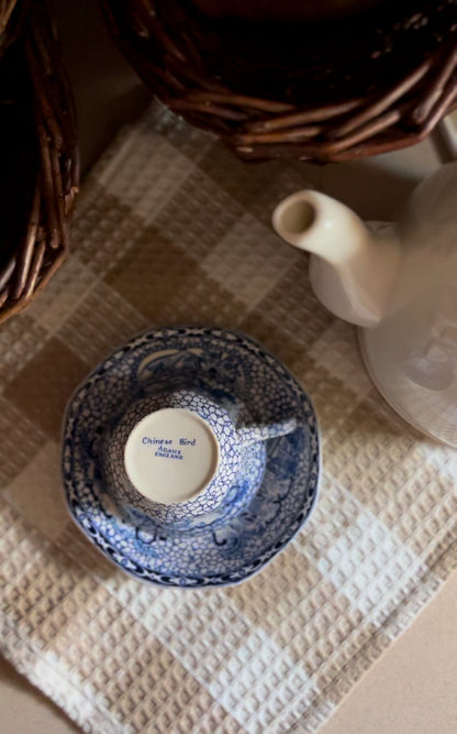 Vintage William Adams Blue and White English Teacup and Saucer with the Chinese Bird Pattern (3 left)