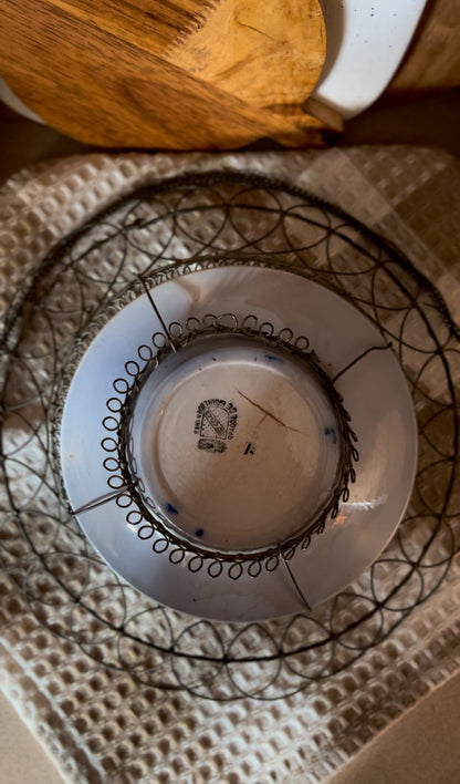 Antique French Wire Basket with Flow Blue Opaque Sarreguemines Plate