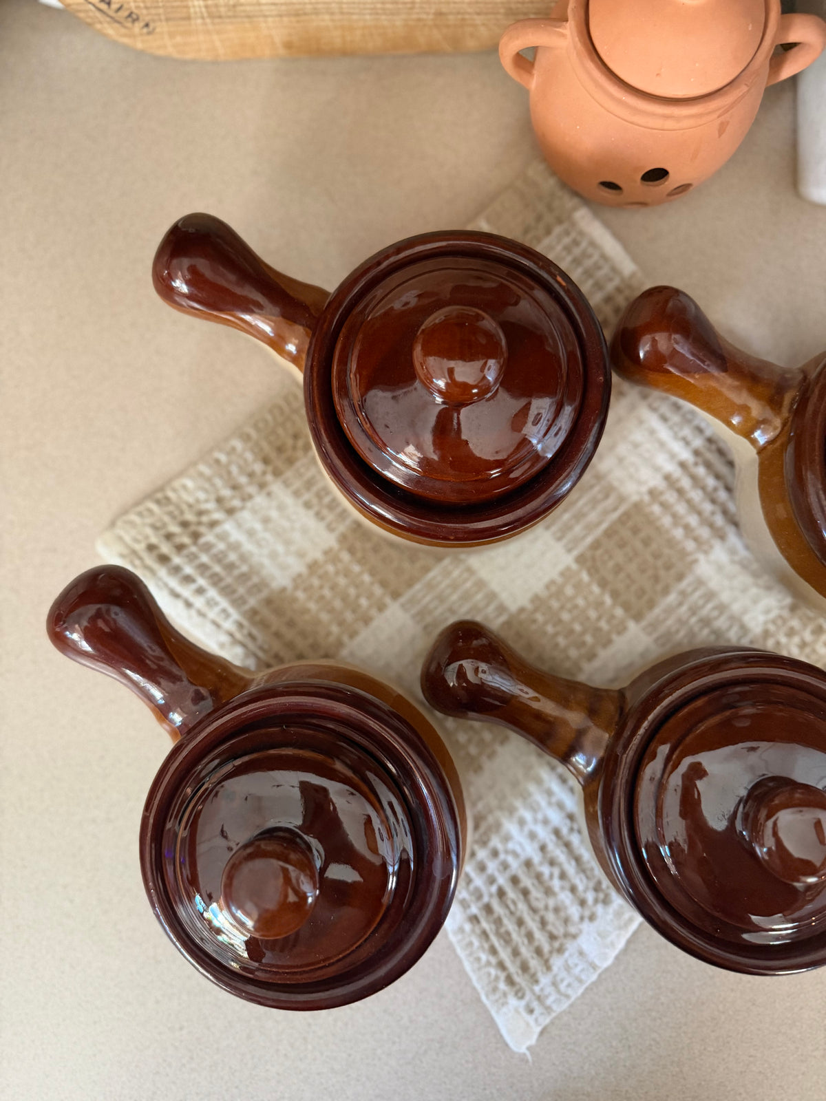 Set of 4 Brown Stoneware Soup Crocks made in Taiwan