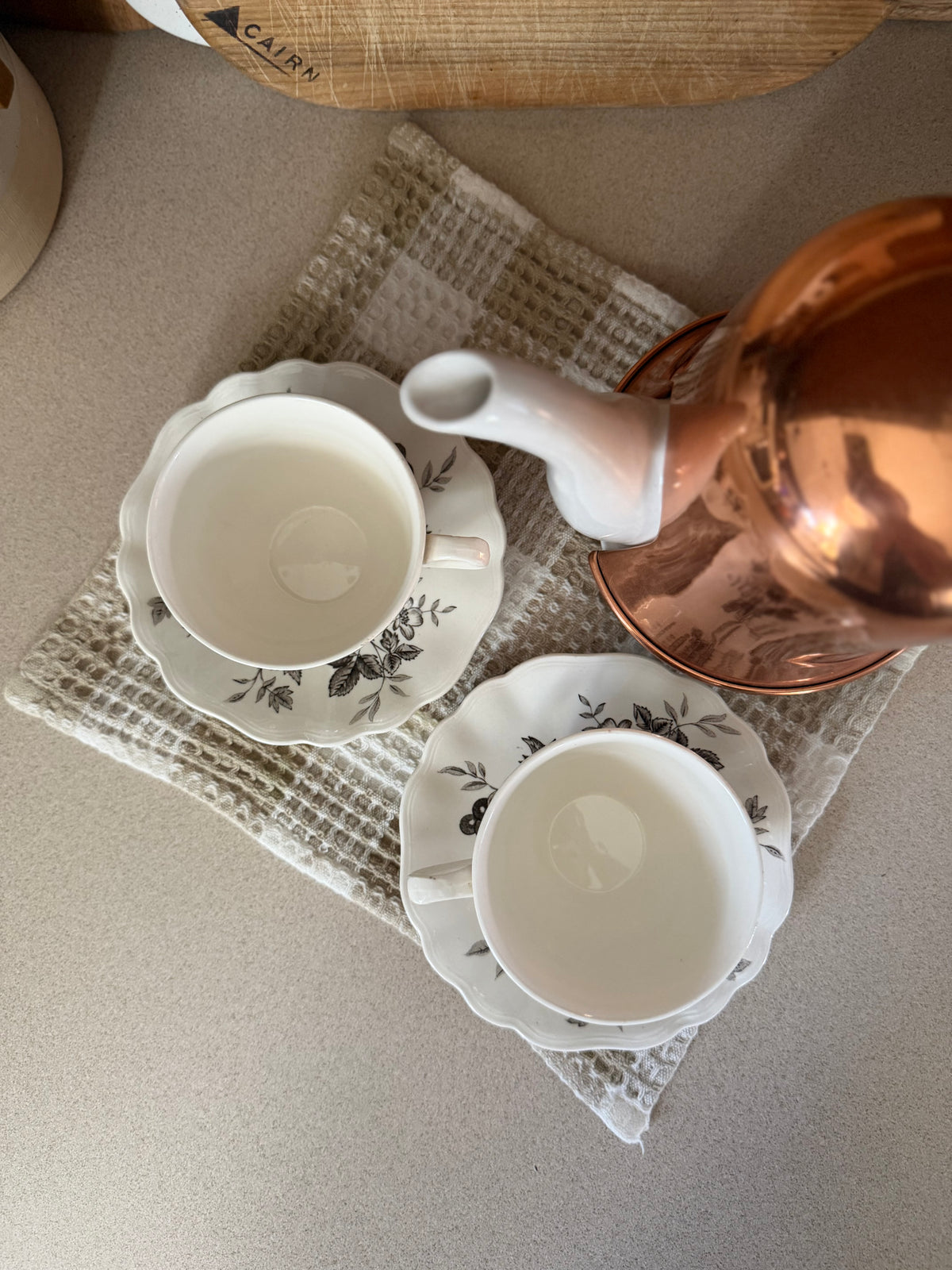 Set of 2 Black Floral Teacups and Saucers made in England