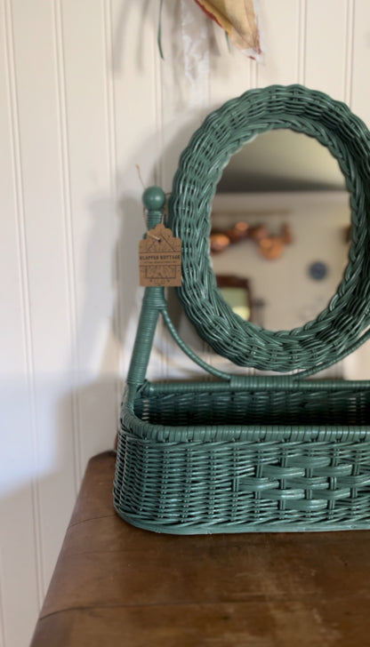 Refinished Wicker Vanity Mirror with Attached Basket