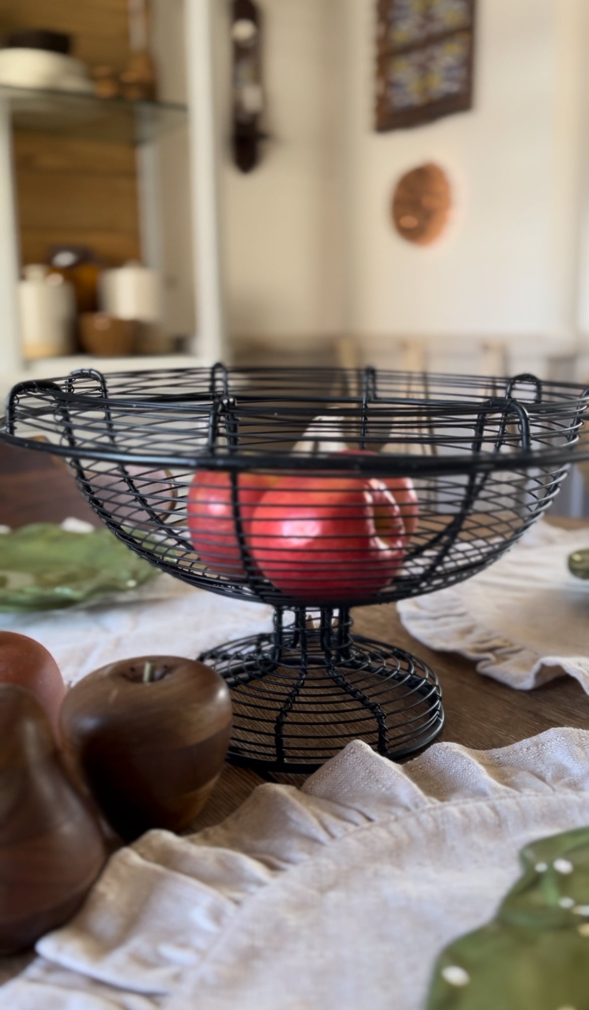 Vintage French Pedestal Black Wire Fruit Basket