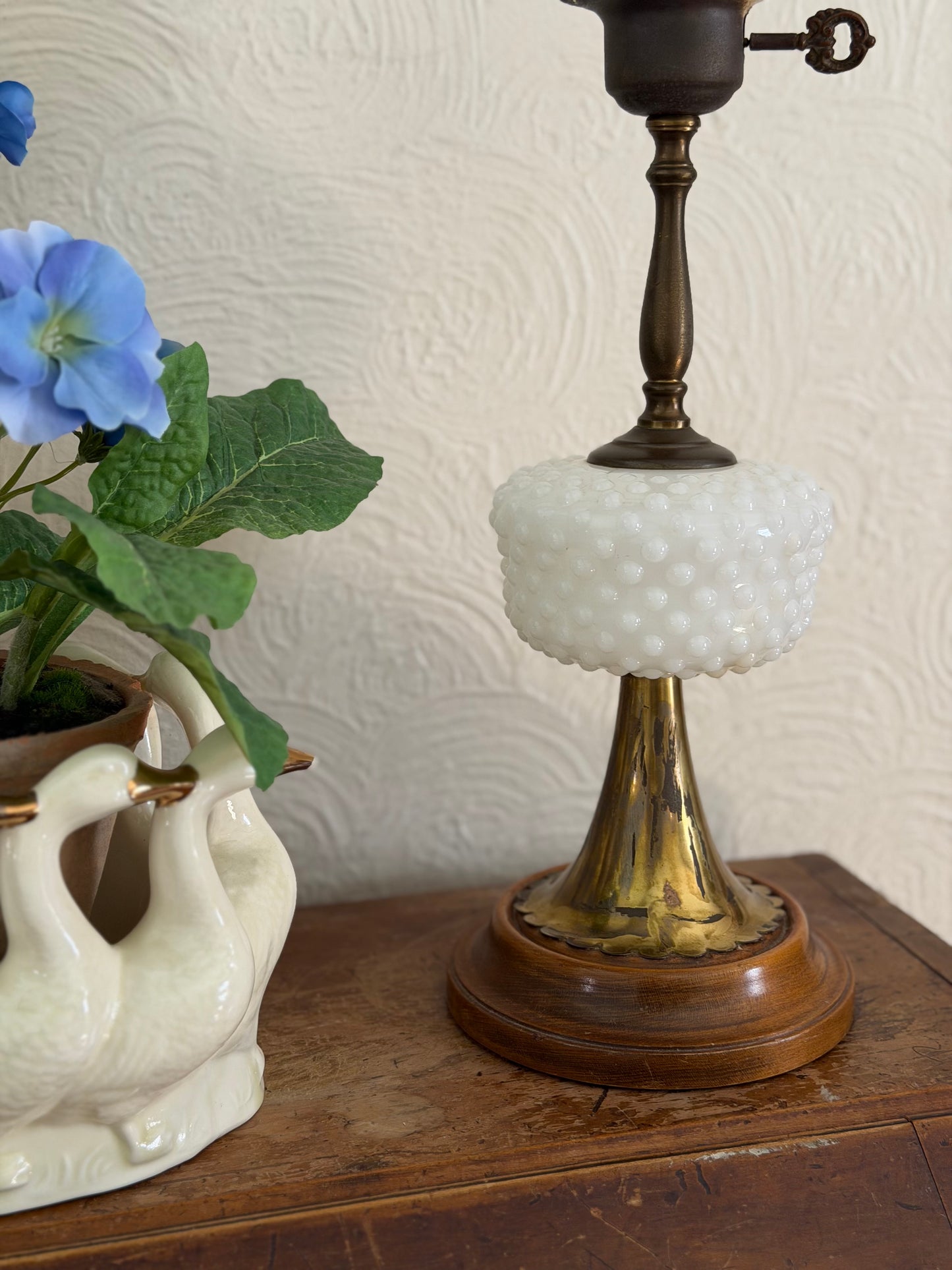 Vintage Brass, Wood, and Milk-glass Lamp