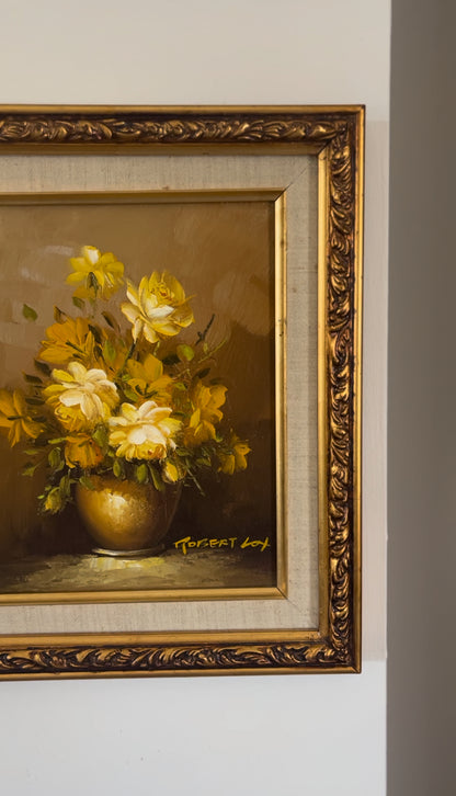 Yellow Floral Original Oil Painting by Robert Cox in Ornate Wooden Frame