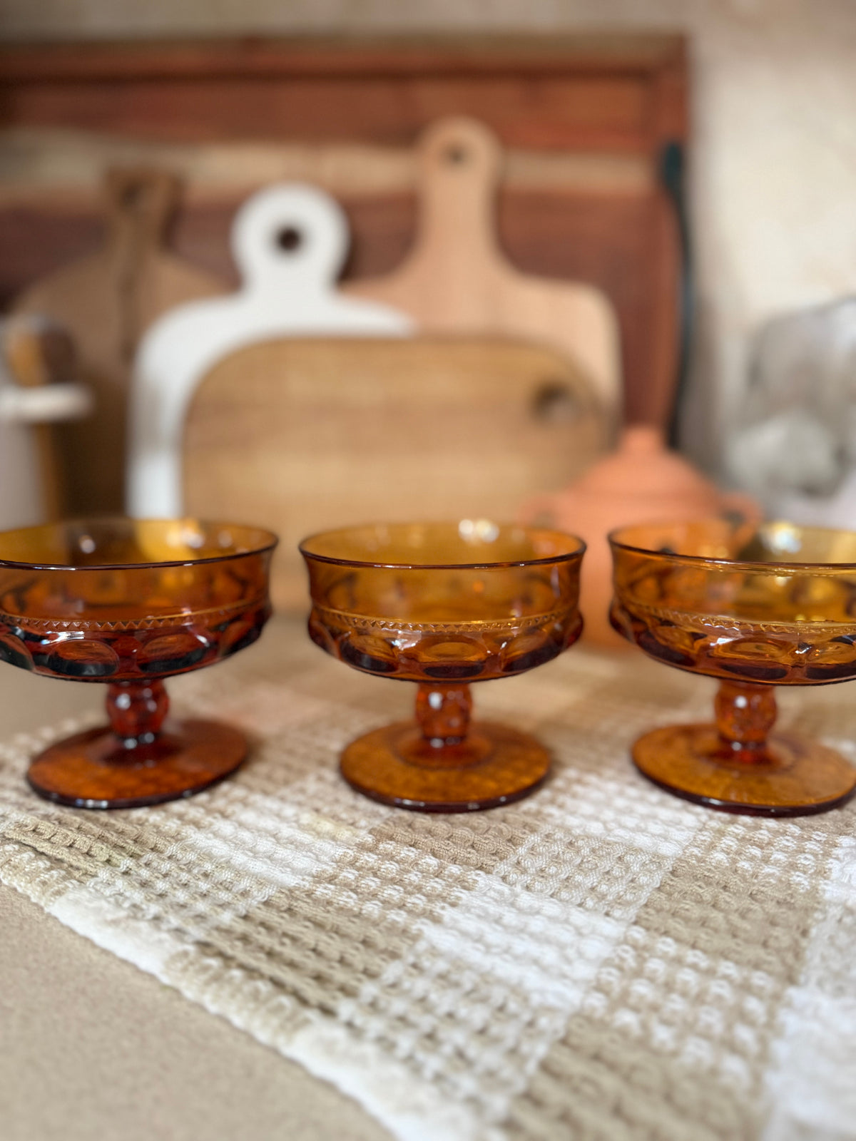 Set of 3 Vintage King's Crown Thumbprint Dessert Glasses by Indiana Glass