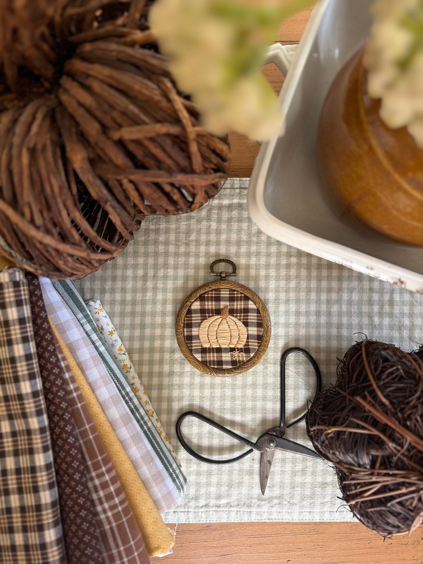 Pumpkin on Brown Plaid Fabric Mini Embroidery Magnet