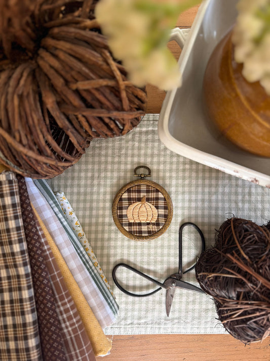 Pumpkin on Brown Plaid Fabric Mini Embroidery Magnet