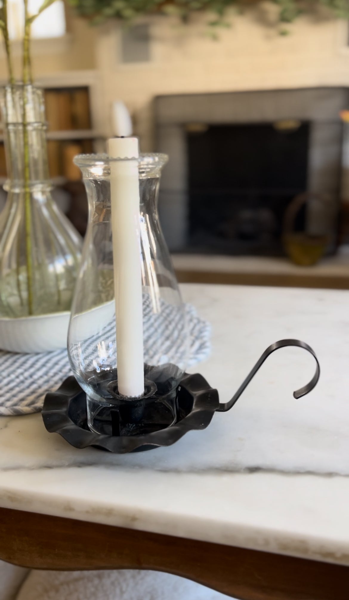 Black Metal Candle Holder with Hurricane Globe (1 LEFT) *candles not included