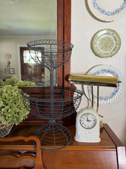 Two-Tiered French Loop Wrought Iron Wire Pedestal Fruit Basket