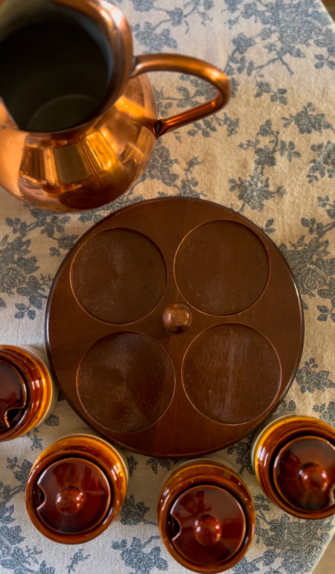 Vintage Brown Stoneware Condiment Set on a Wooden Lazy Susan