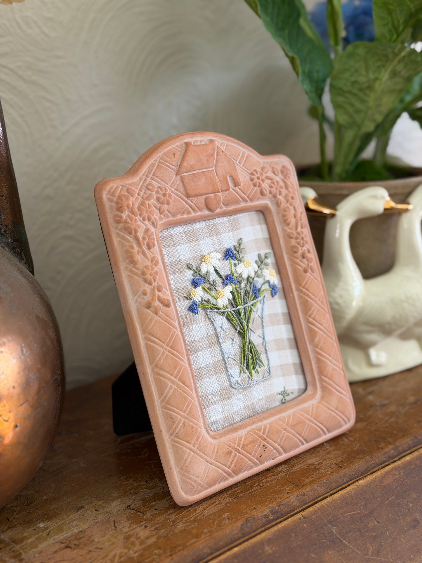 Floral Bouquet in a Vase Embroidery Art in Terra Cotta Frame