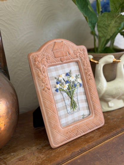 Floral Bouquet in a Vase Embroidery Art in Terra Cotta Frame