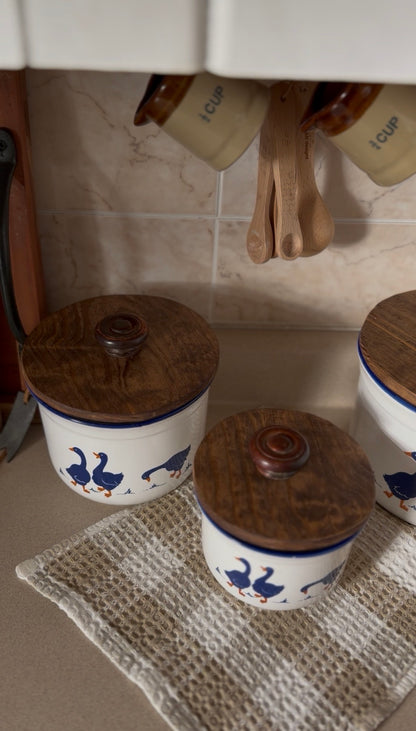 Set of 3 Vintage Rosenthal Netter Blue Geese Ceramic Canisters with Hand-Made Wooden Lids
