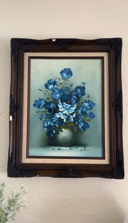 Original Signed Blue Floral Oil Painting In Ornate Wooden Frame