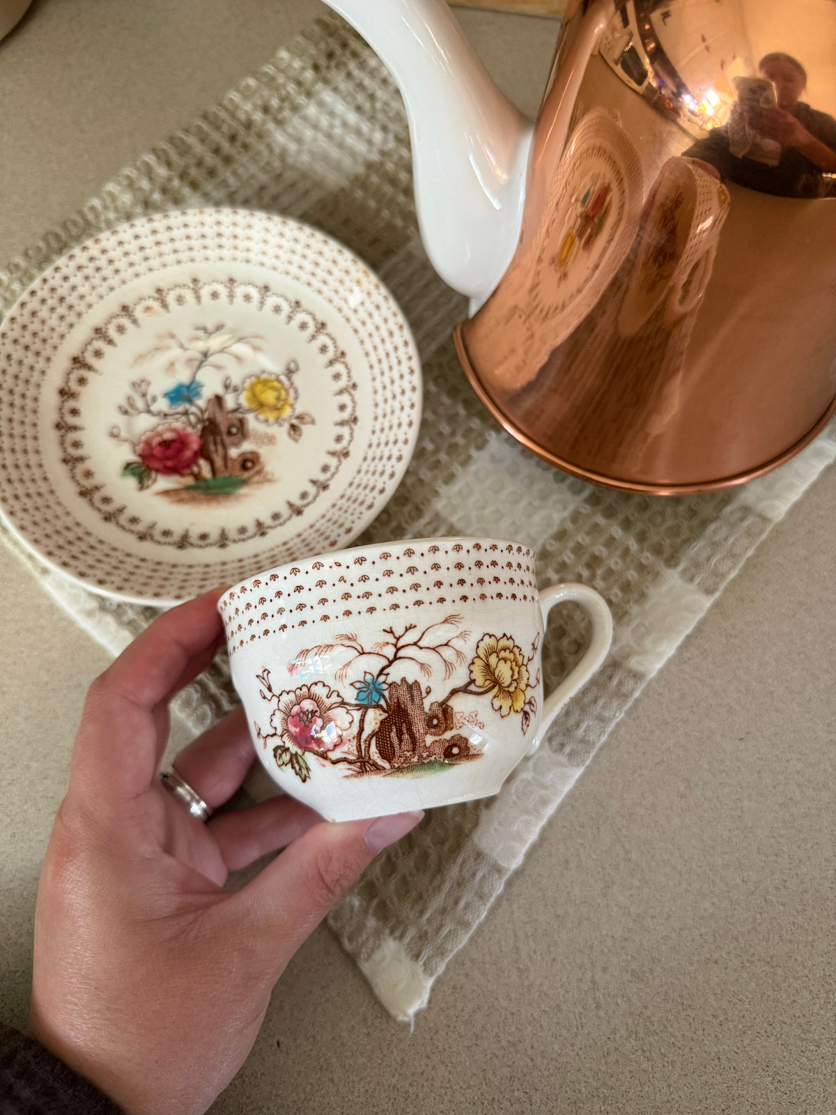 Brown Floral Teacup and Saucer set made in Japan
