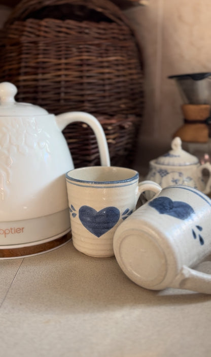 Set of 2 Blue Pottery Mugs with Hearts