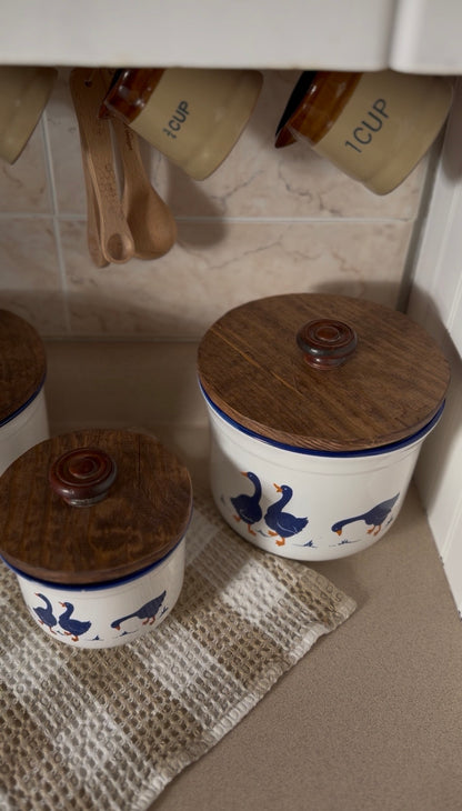 Set of 3 Vintage Rosenthal Netter Blue Geese Ceramic Canisters with Hand-Made Wooden Lids