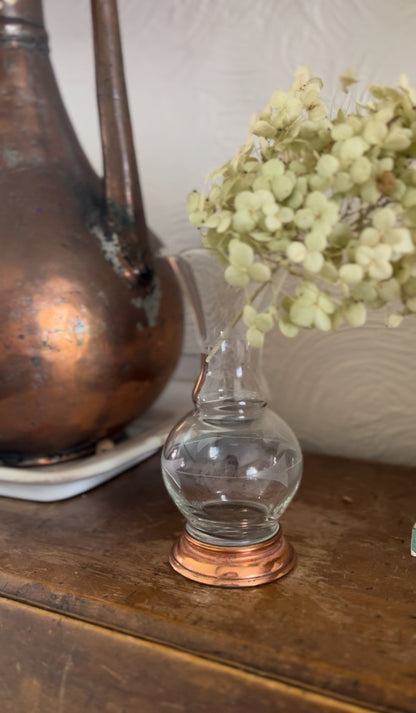 Etched Glass Bud Vase with Copper Bottom