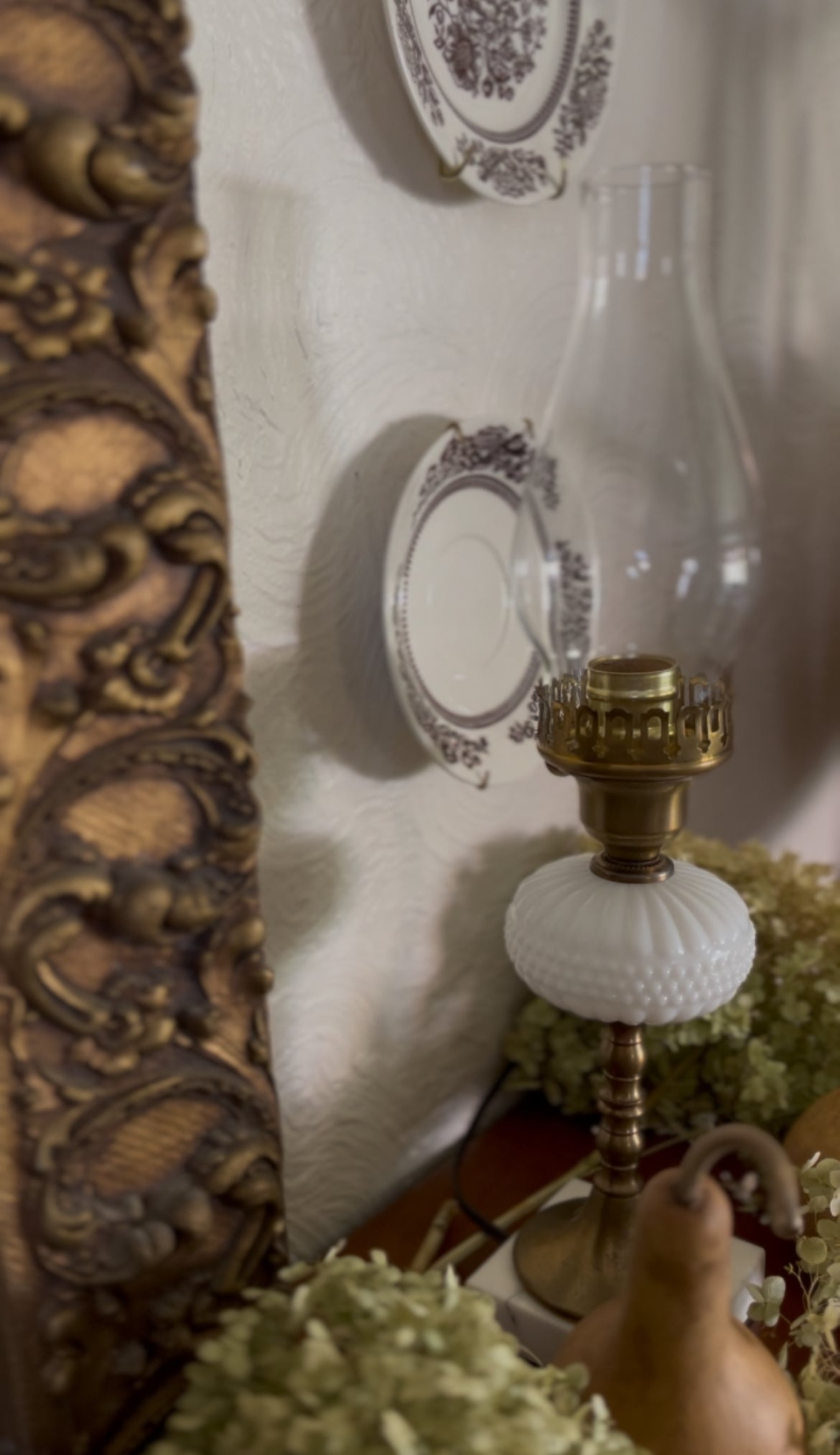 Set of 2 Milk glass, Brass, and Marble Hurricane Lamps