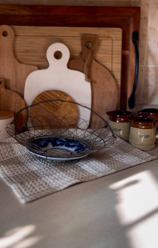 Antique French Wire Basket with Flow Blue Opaque Sarreguemines Plate