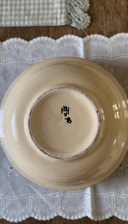 Hungarian Slipware Pottery Mixing Bowl with Pink Floral Rim