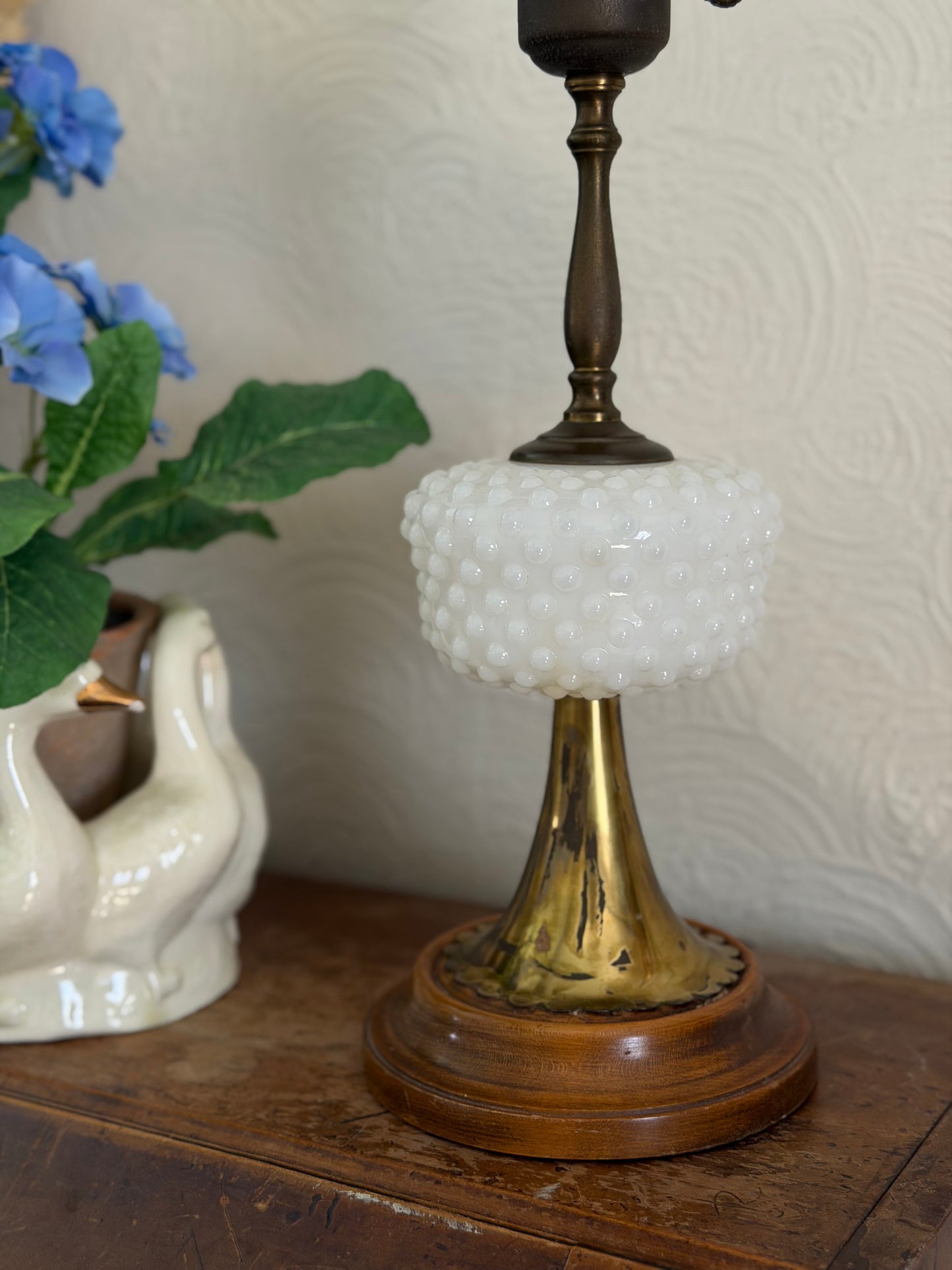 Vintage Brass, Wood, and Milk-glass Lamp