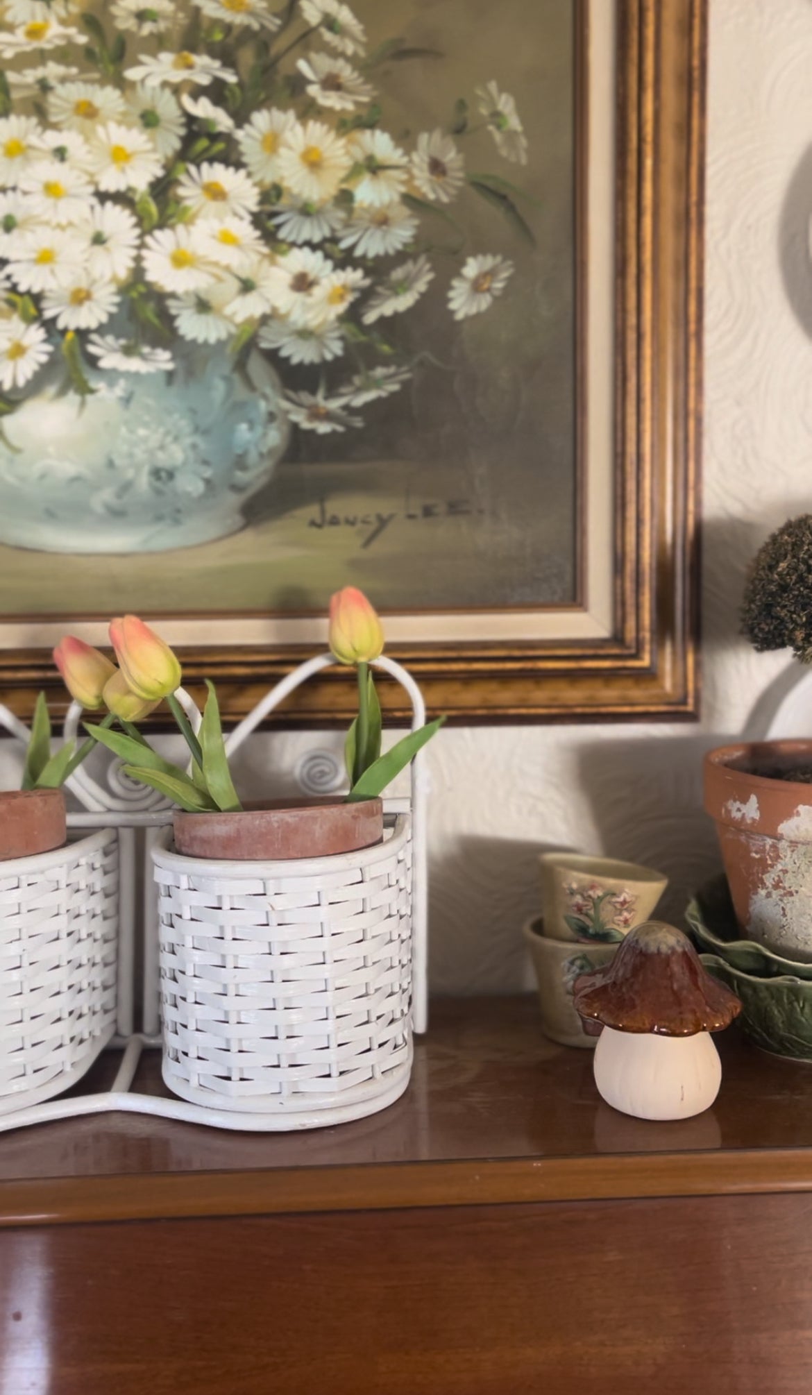 White Wicker Double Planter Basket (comes with terra cotta planters & tulips)