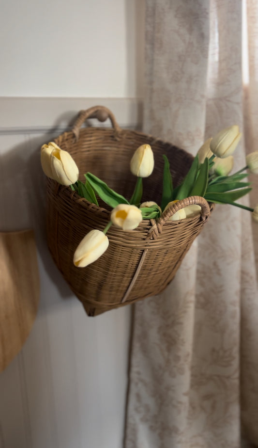 Double Handle Light Colored Woven Basket (flowers and rolling pins not included)