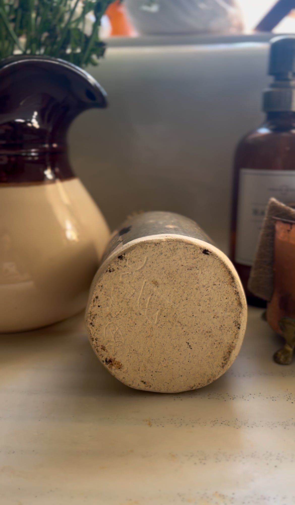 Small Pottery Vase with Blue Floral Stamp