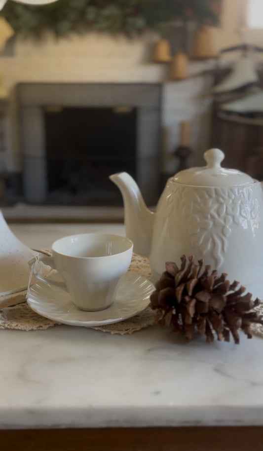 White Ironstone Ribbed Teacup and Saucer (5 left)