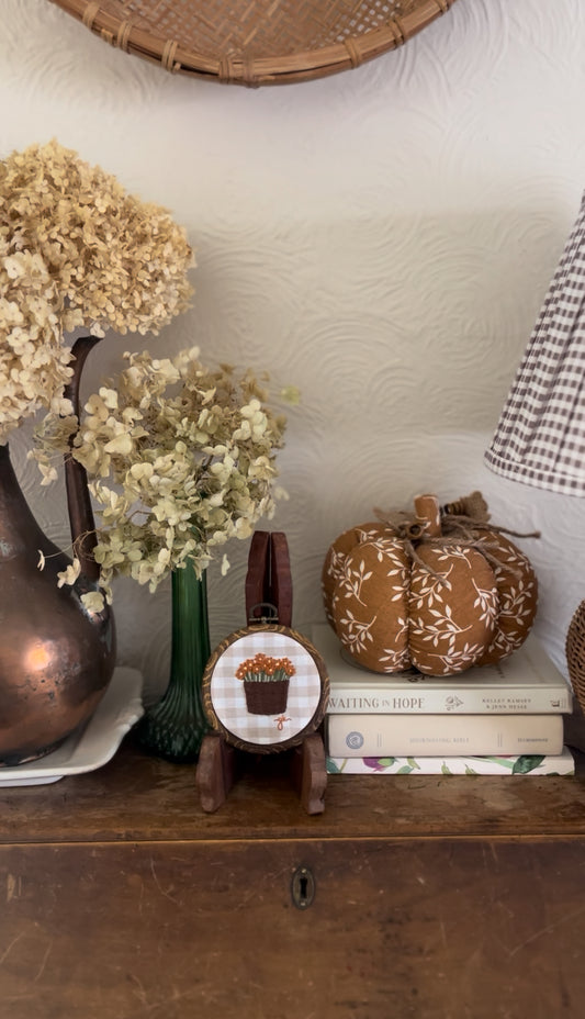 Small Burnt Orange Mum in Basket of Gingham Fabric Embroidery Magnet