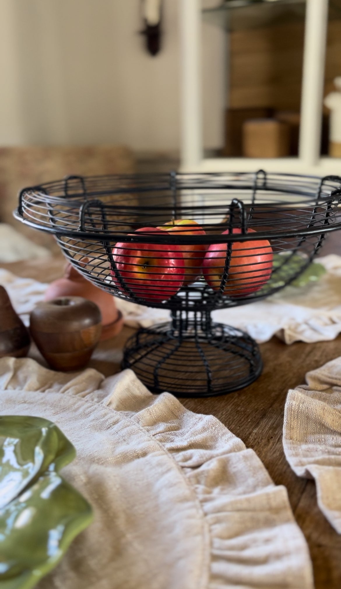 Vintage French Pedestal Black Wire Fruit Basket