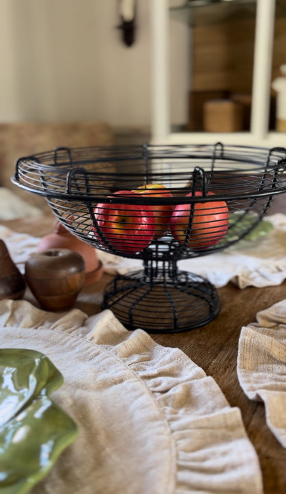 Vintage French Pedestal Black Wire Fruit Basket