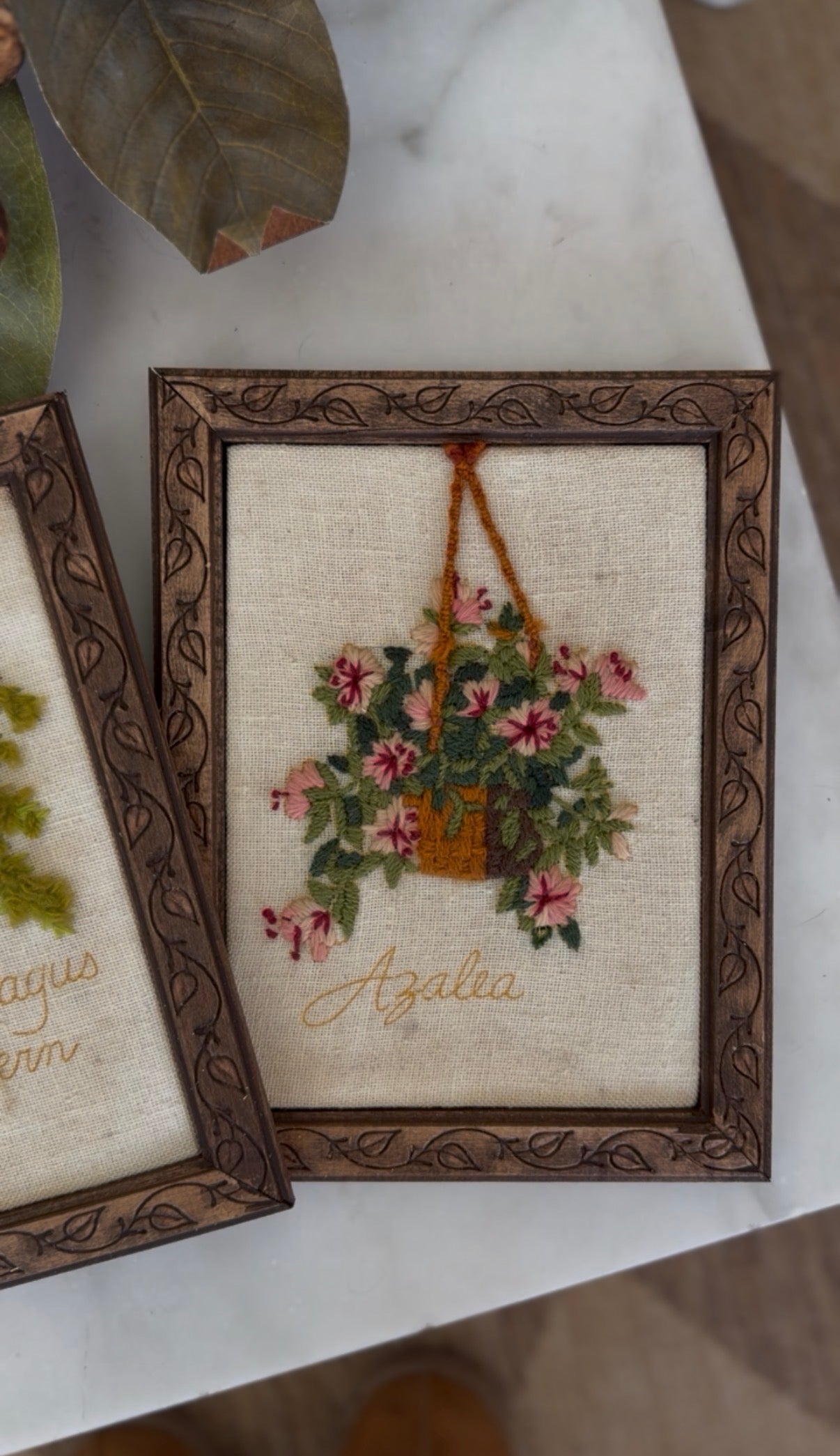 Embroidered Hanging Baskets in Handmade Wooden Frames