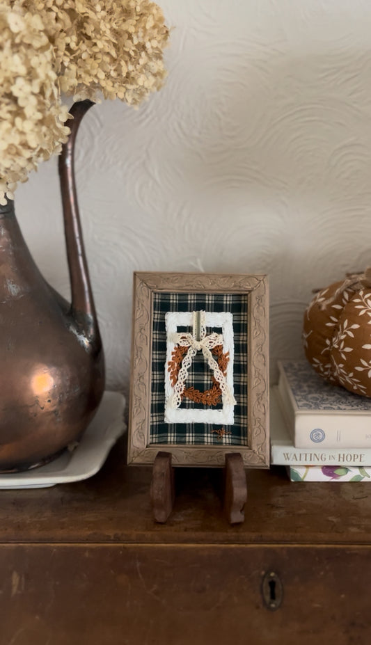 White Wicker Frame with Fall Wreath on Green Plaid Fabric Embroidery Art in a Hand-made Wooden Frame