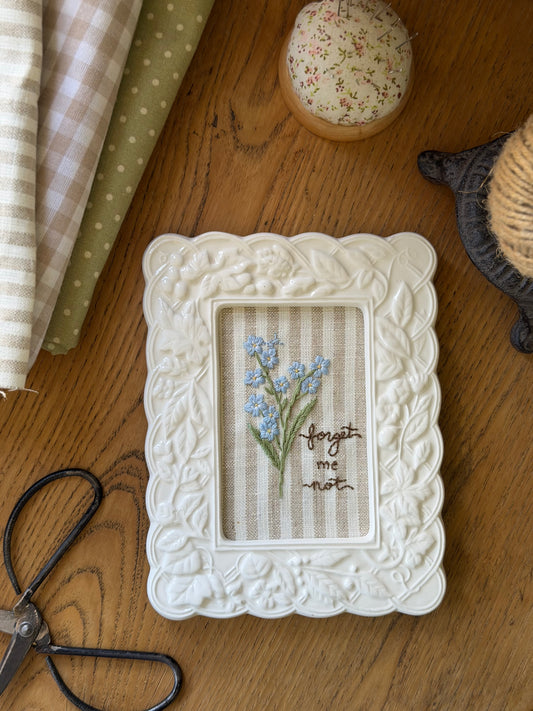 Large Forget-Me-Not Embroidery Art in a Vintage White Ceramic Frame