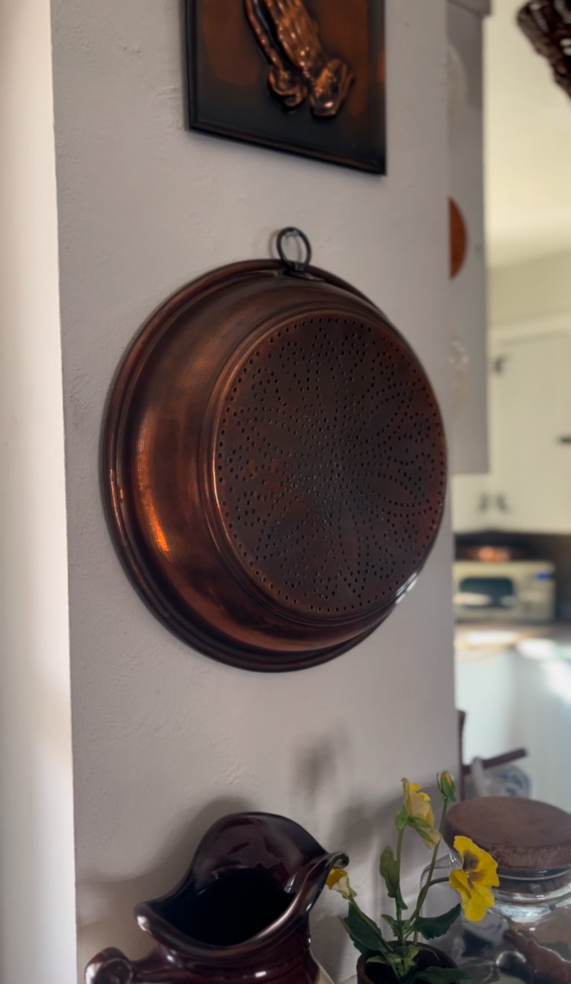 Large Vintage Copper Strainer with Flower Pattern