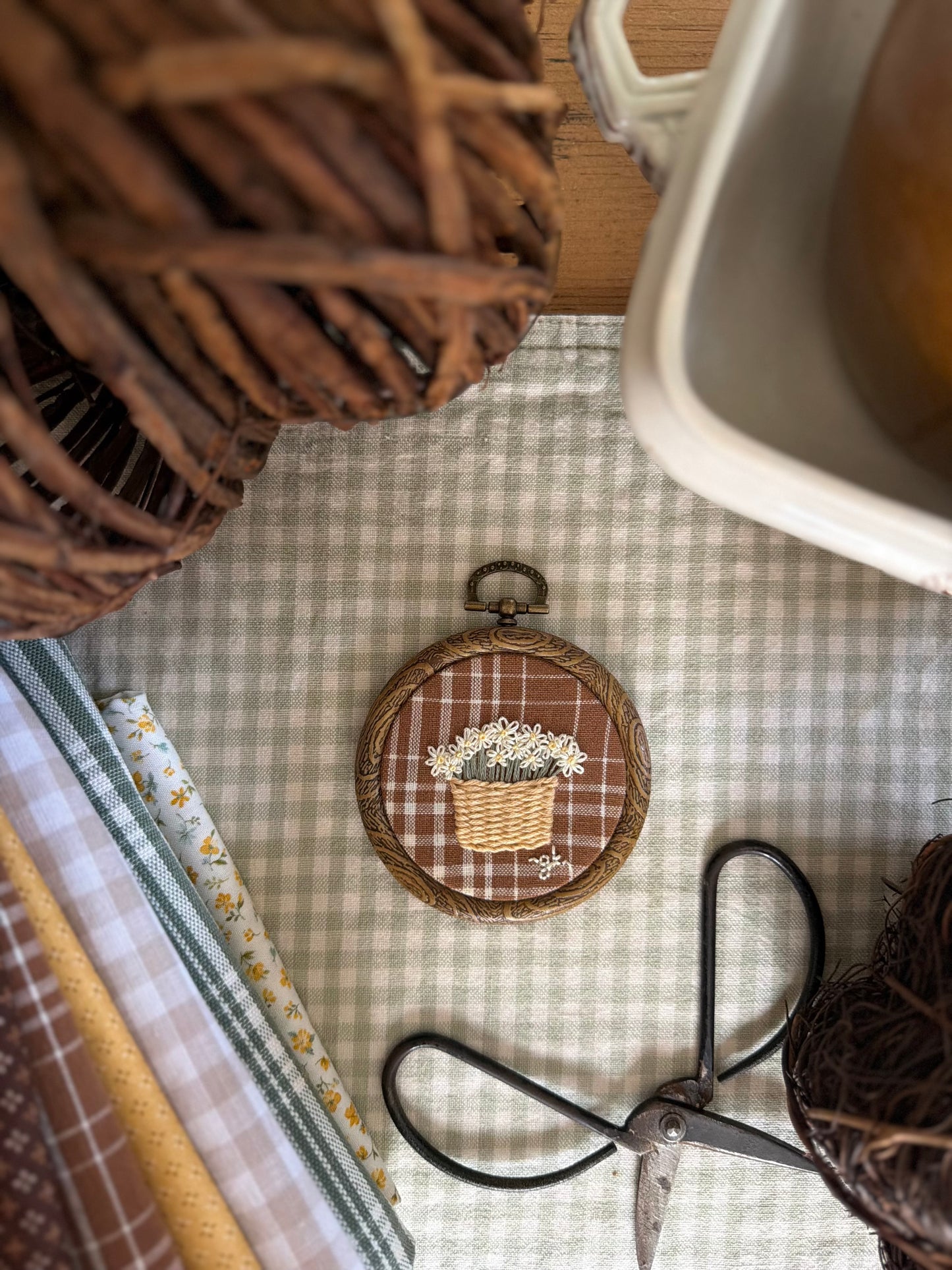 Mum on Rust-Colored Striped Fabric Mini Embroidery Magnet