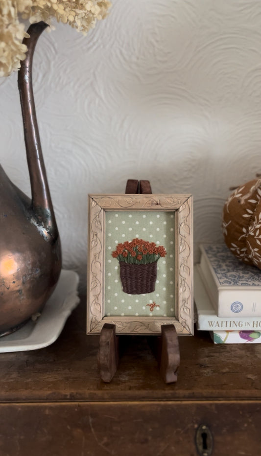 Rust-Colored Mum in Basket Embroidery in Hand-made Wooden Frame