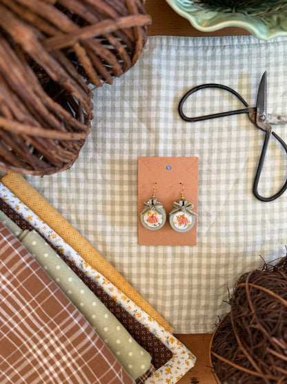 Pumpkin on Yellow Floral Fabric Embroidery Earrings