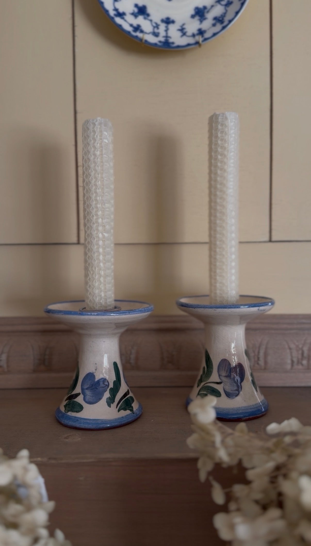 Hand-Painted Blue Floral Pottery Candle Holders - set of 2 (candles not included)