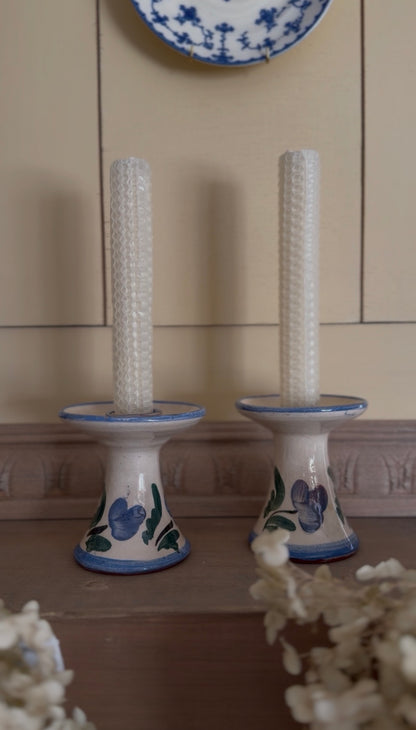Hand-Painted Blue Floral Pottery Candle Holders - set of 2 (candles not included)