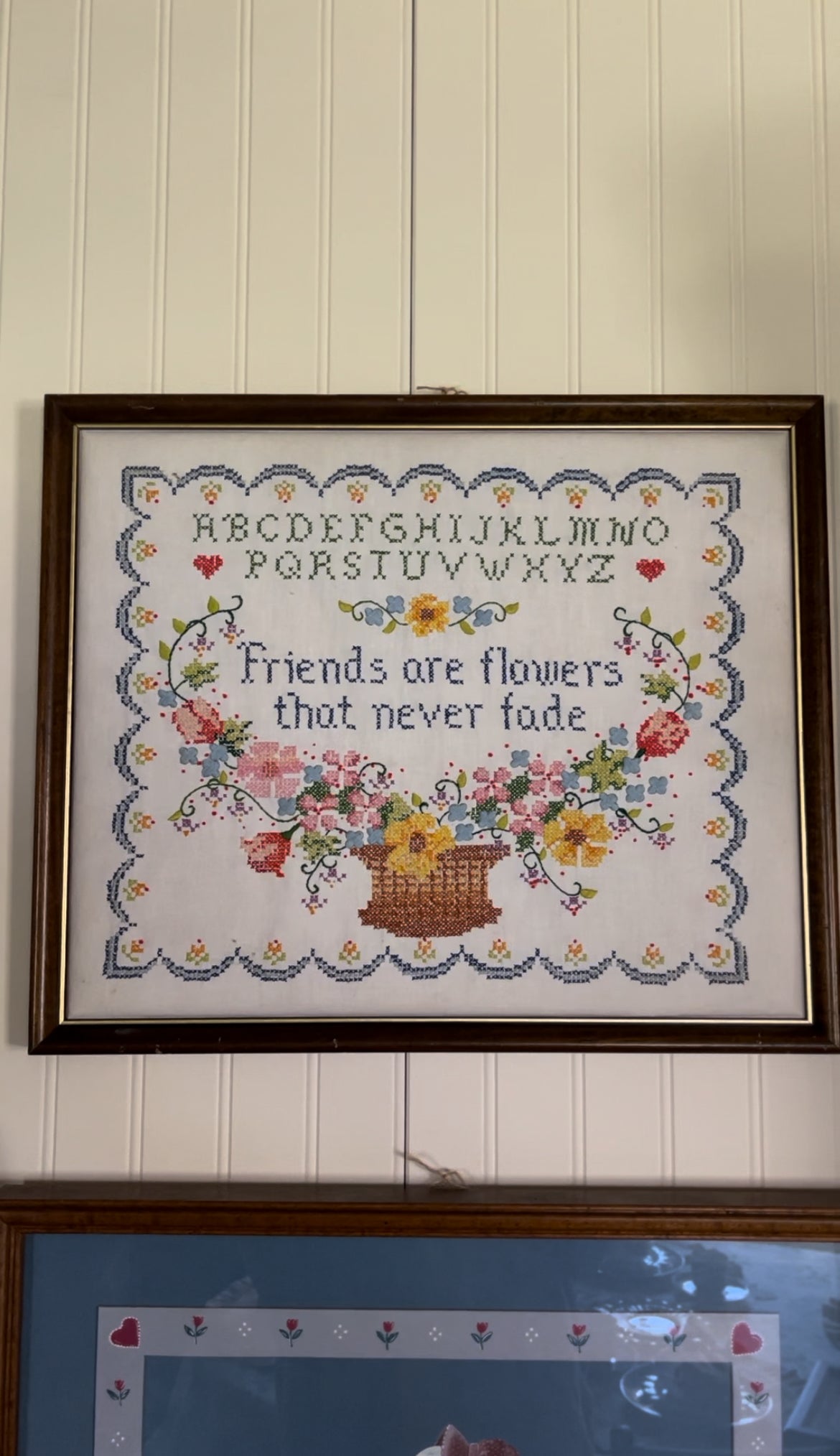 Vintage Cross Stitch "friends are flowers that never fade" Floral Alphabet Art