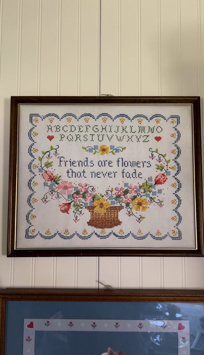 Vintage Cross Stitch "friends are flowers that never fade" Floral Alphabet Art