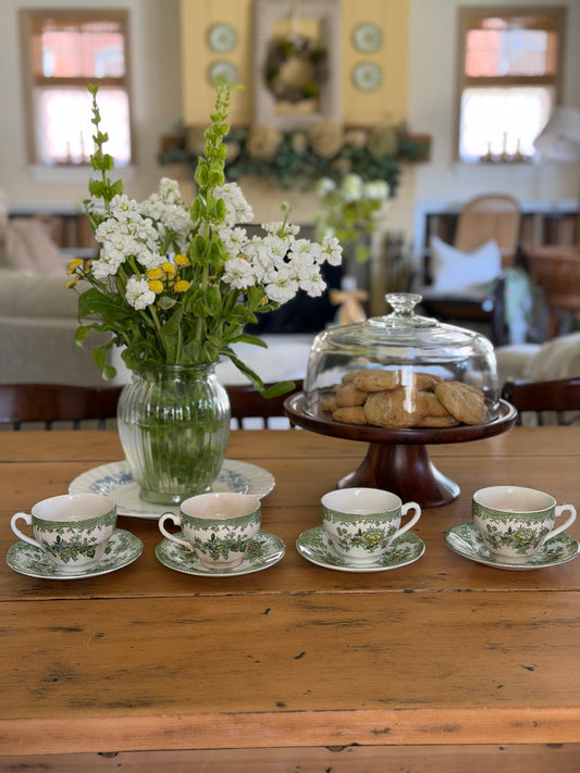 Set of 4 Enoch Wedgwood Green Floral Teacups and Saucers