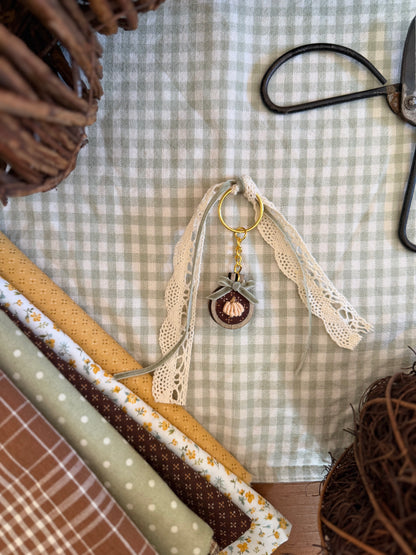 Pumpkin on Brown Fabric Embroidery Keychain