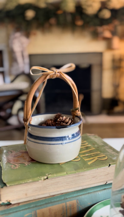 Blue Striped Pottery Basket with Bamboo Handle (ribbon and pinecones included)