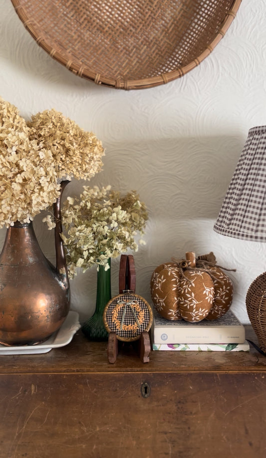 Small Fall Wreath on Black and Tan Checkered Fabric Embroidery Magnet