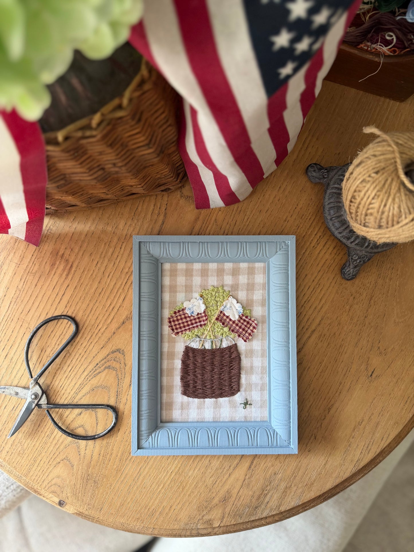 Quilted Flags in a Basket Vase with Hydrangeas