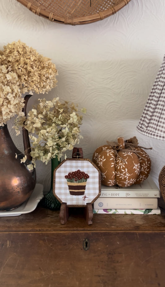 Large Burgundy Mum in Basket on Gingham Fabric Embroidery Art